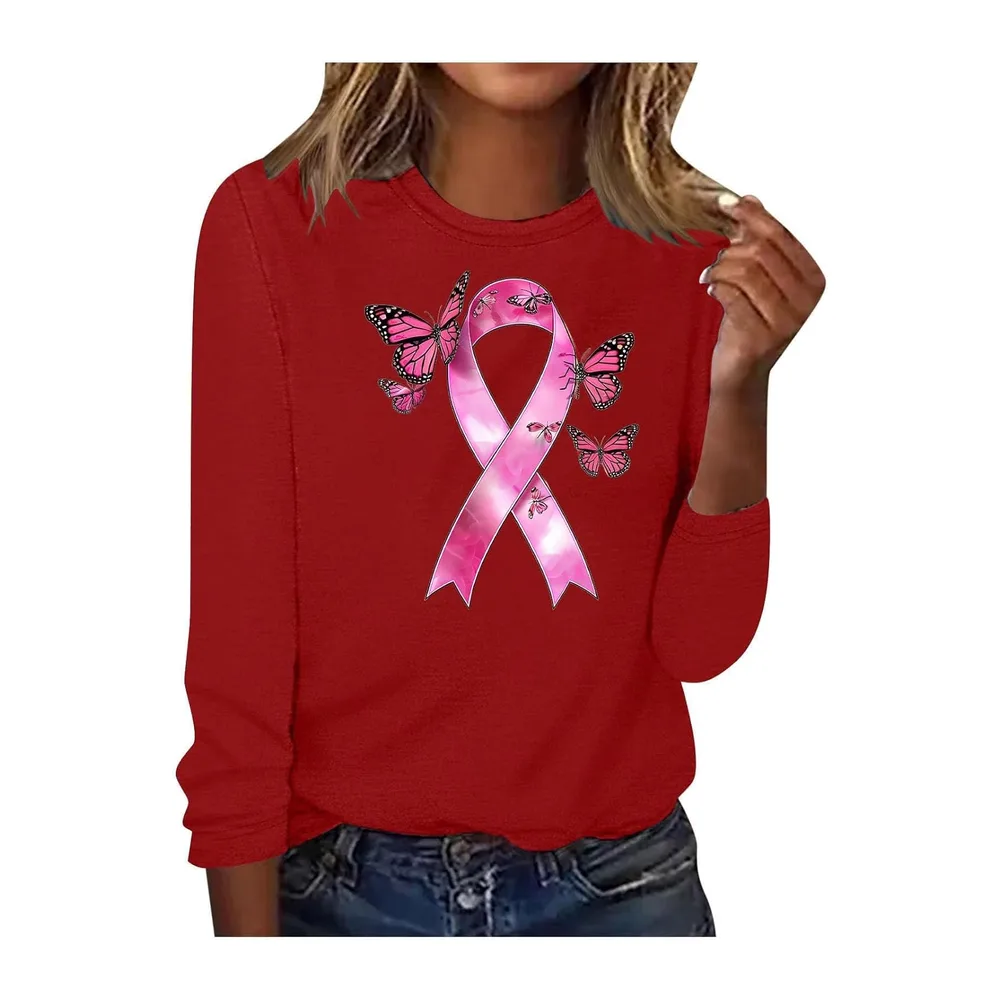 Shirt Ruban Rose sur Le Cancer du Sein Octobre à Manches Longues Ruban Rose — Rouge
