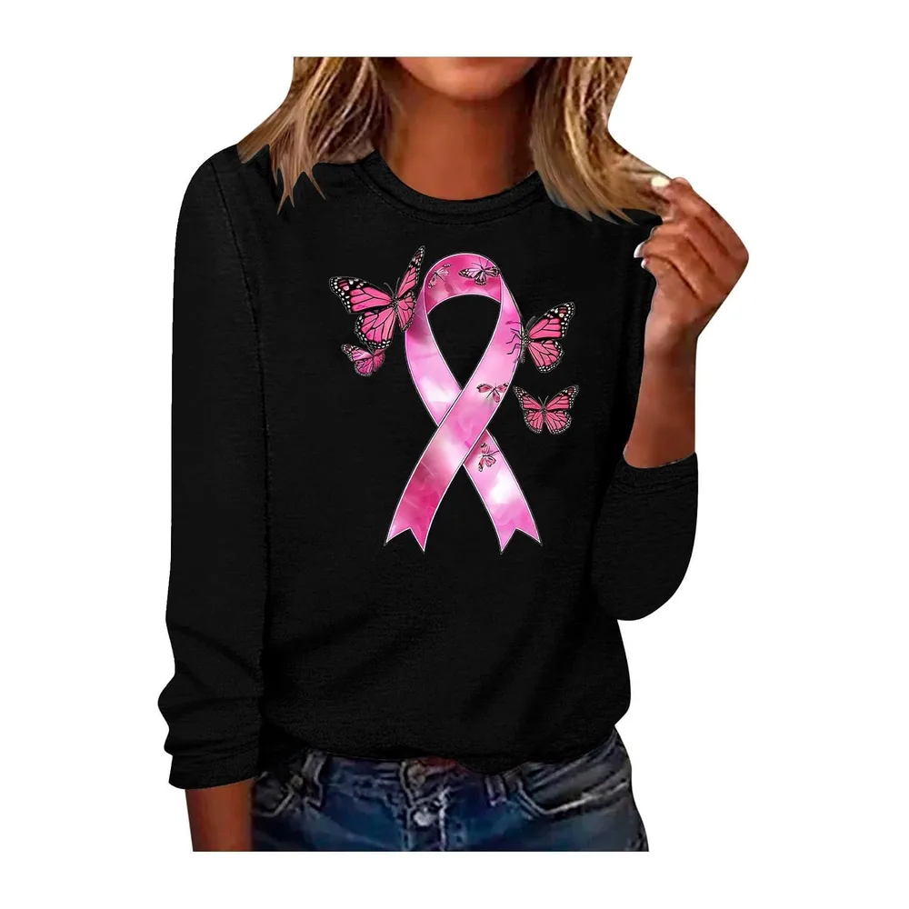 Shirt Ruban Rose sur Le Cancer du Sein Octobre à Manches Longues Ruban Rose — Noir