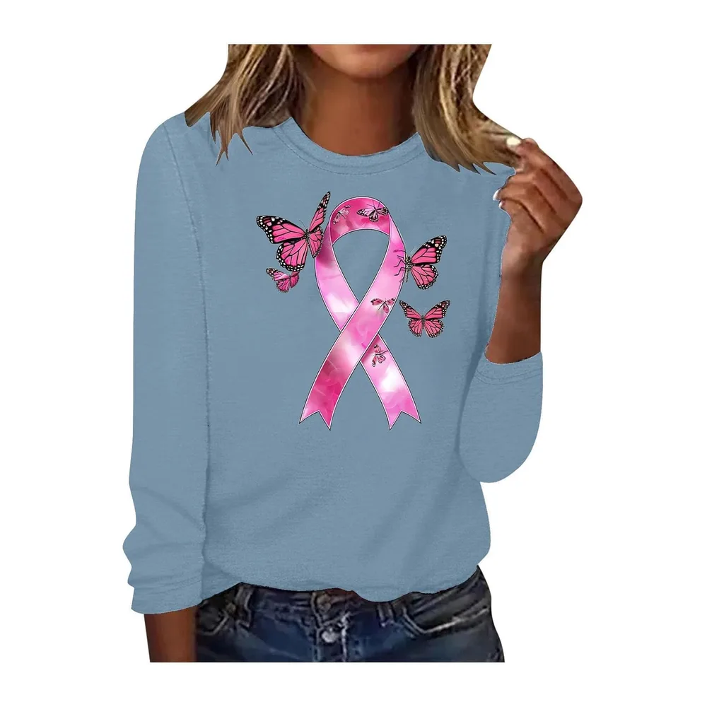 Shirt Ruban Rose sur Le Cancer du Sein Octobre à Manches Longues Ruban Rose — Bleu Clair