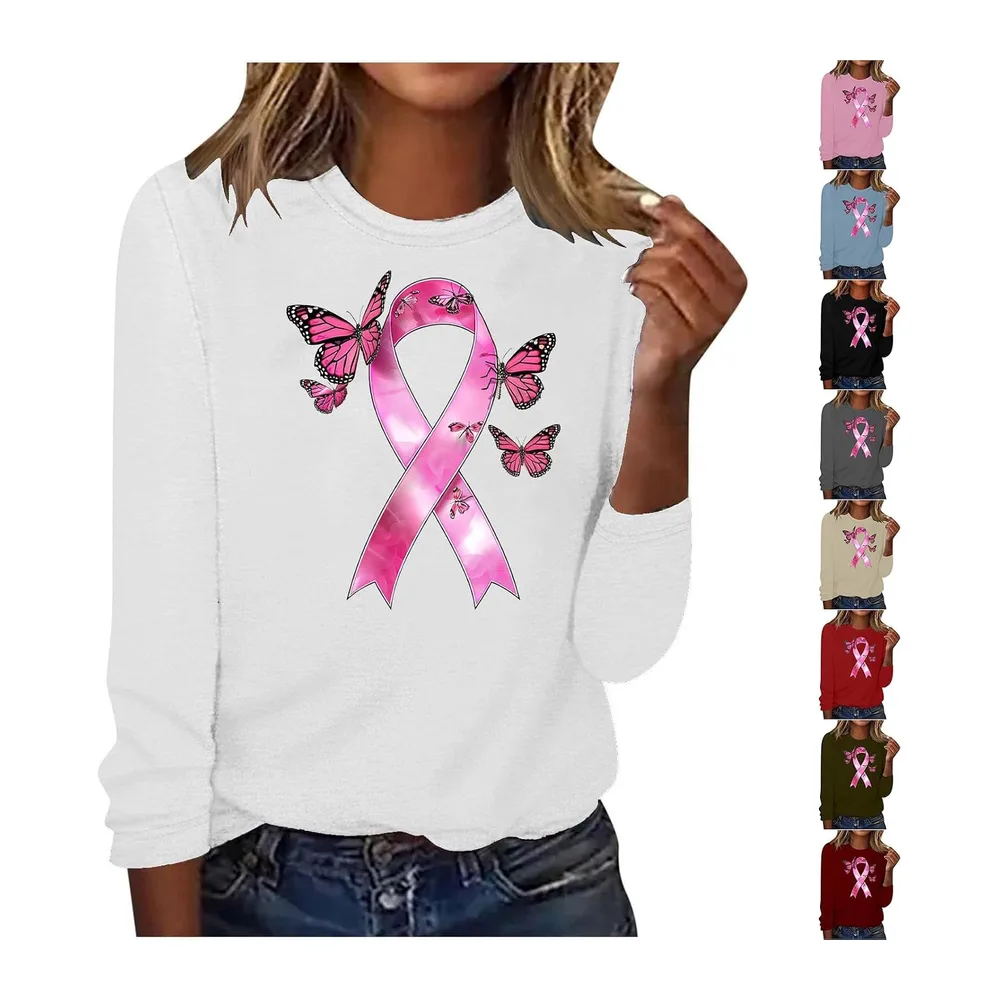Shirt Ruban Rose sur Le Cancer du Sein Octobre à Manches Longues Ruban Rose — Blanc