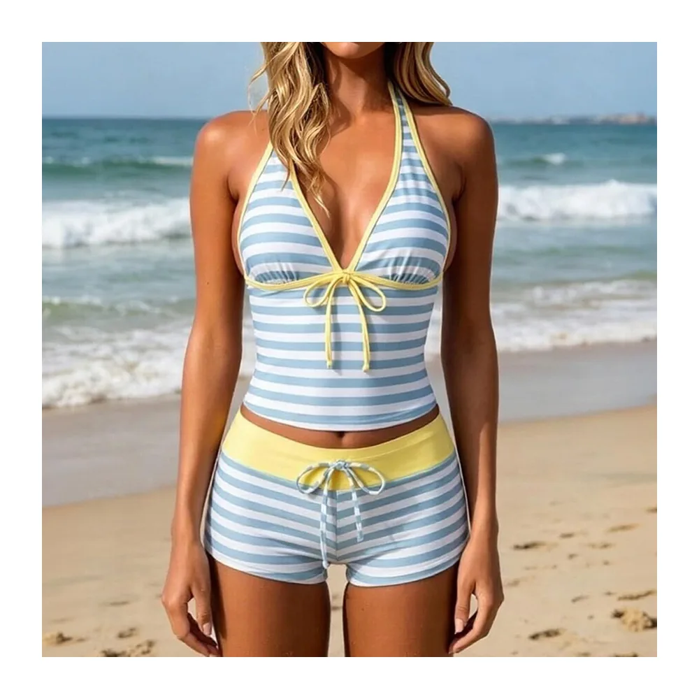 Piece Tankini Swimsuit Flat Tummy with Shorty Retro Y2K Printed Halter — Bleu Clair #7