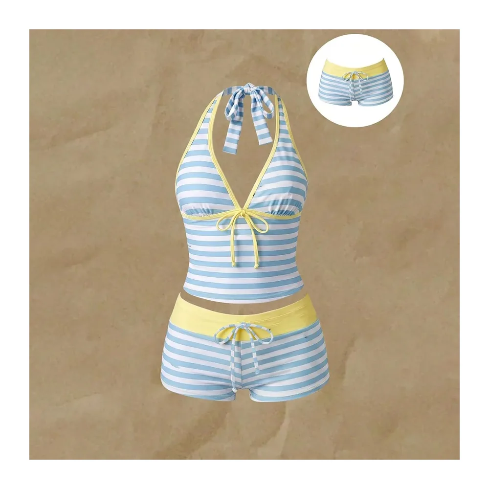 Piece Tankini Swimsuit Flat Tummy with Shorty Retro Y2K Printed Halter — Bleu Clair #7