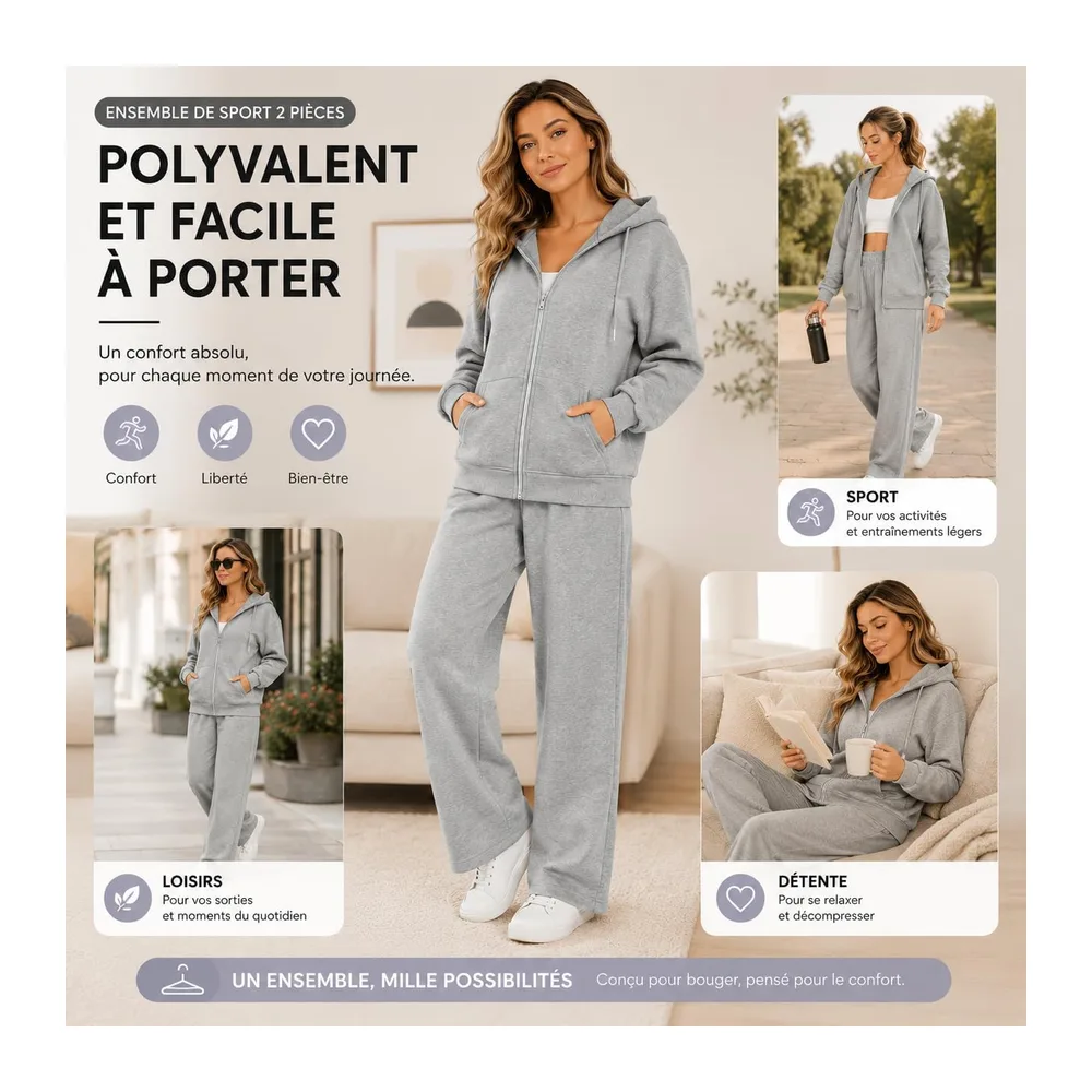Survetement Ensemble Jogging Ensemble Sport Sweat à Capuche Polaire et — 01 Gris Clair