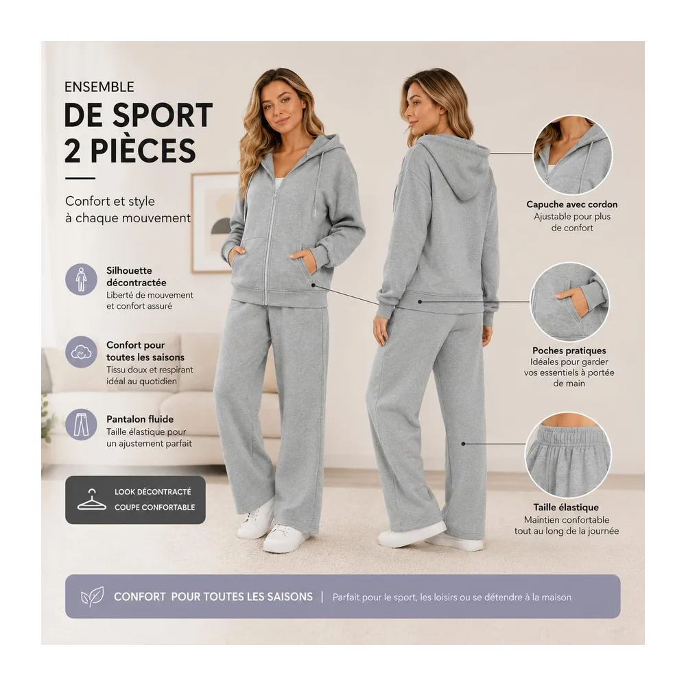 Survetement Ensemble Jogging Ensemble Sport Sweat à Capuche Polaire et — 01 Gris Clair