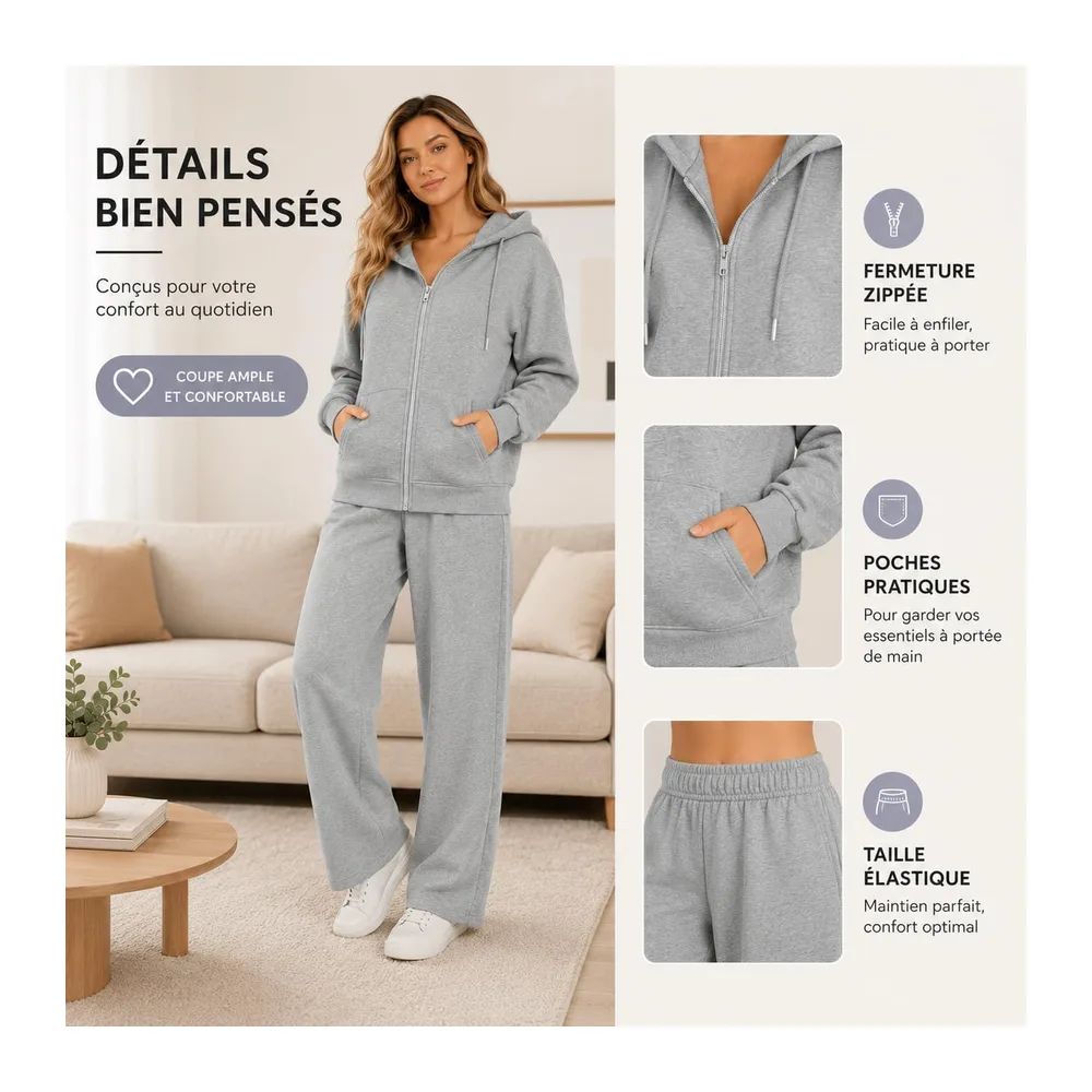 Survetement Ensemble Jogging Ensemble Sport Sweat à Capuche Polaire et — 01 Gris Clair