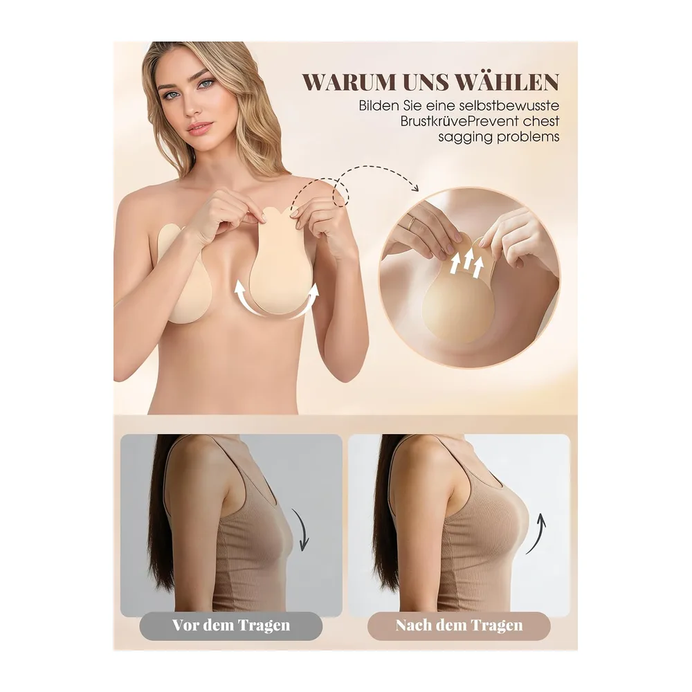 Soutien-gorge adhésif push-up sans bretelles dos nu pour petits et grands seins — Beige
