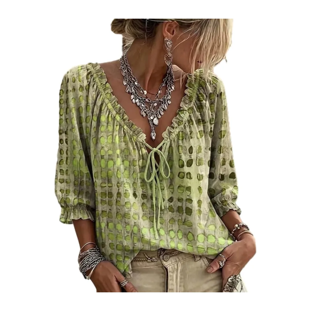 And Elegant Polka Dot Top Shirt 3/4 Sleeve V Neck Cotton Linen Blouse — 04-vert Clair