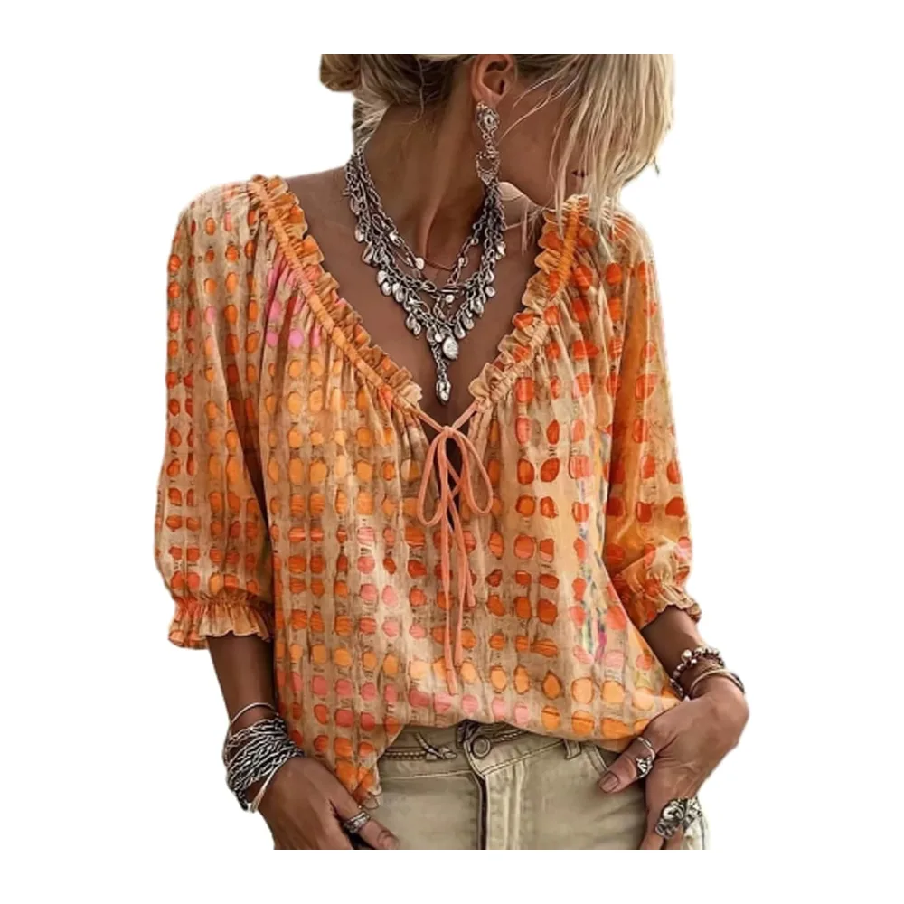 And Elegant Polka Dot Top Shirt 3/4 Sleeve V Neck Cotton Linen Blouse — 05-orange