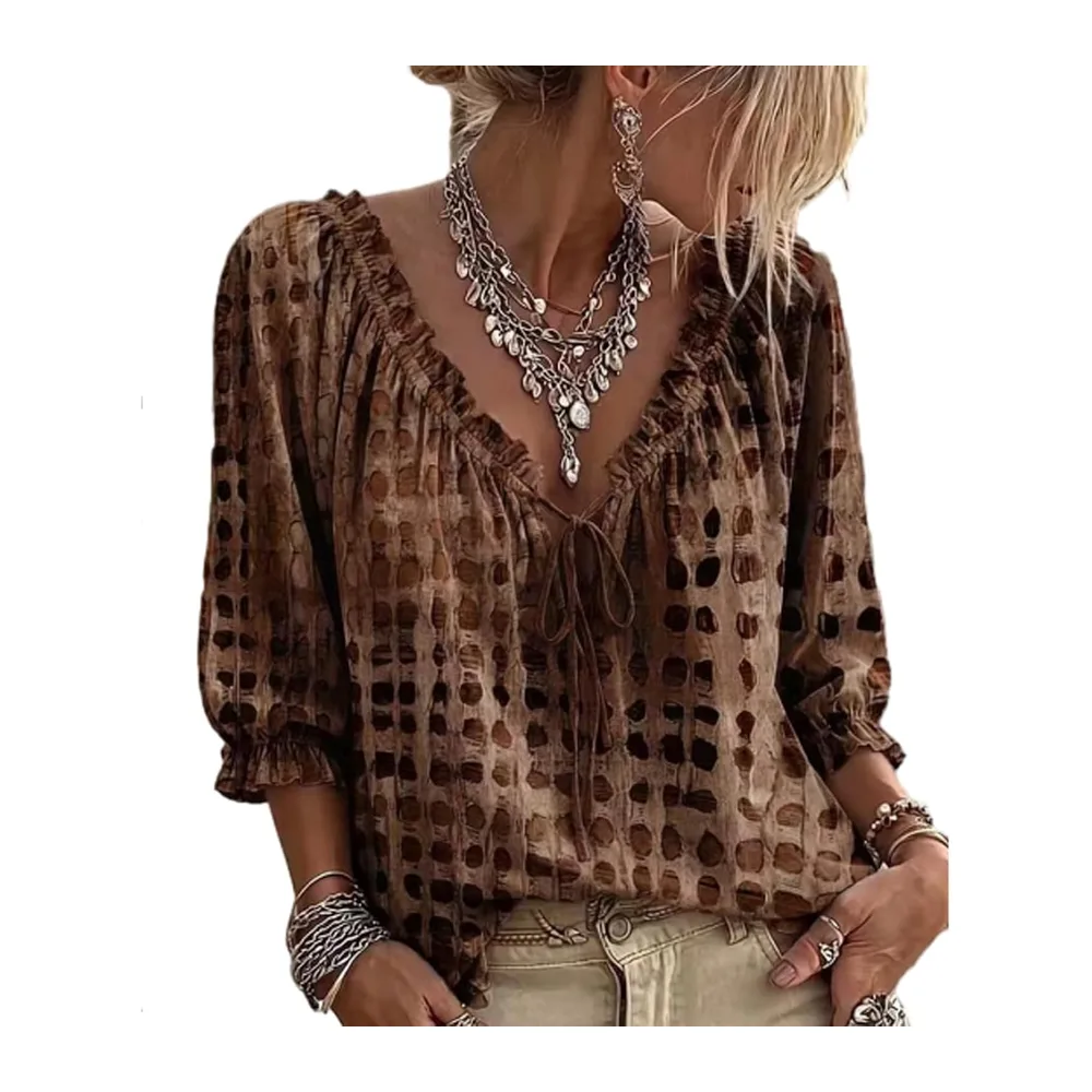 And Elegant Polka Dot Top Shirt 3/4 Sleeve V Neck Cotton Linen Blouse — 02-marron