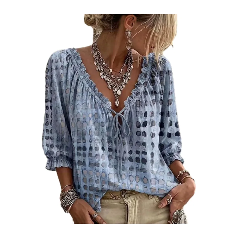 And Elegant Polka Dot Top Shirt 3/4 Sleeve V Neck Cotton Linen Blouse — 01-hellblau