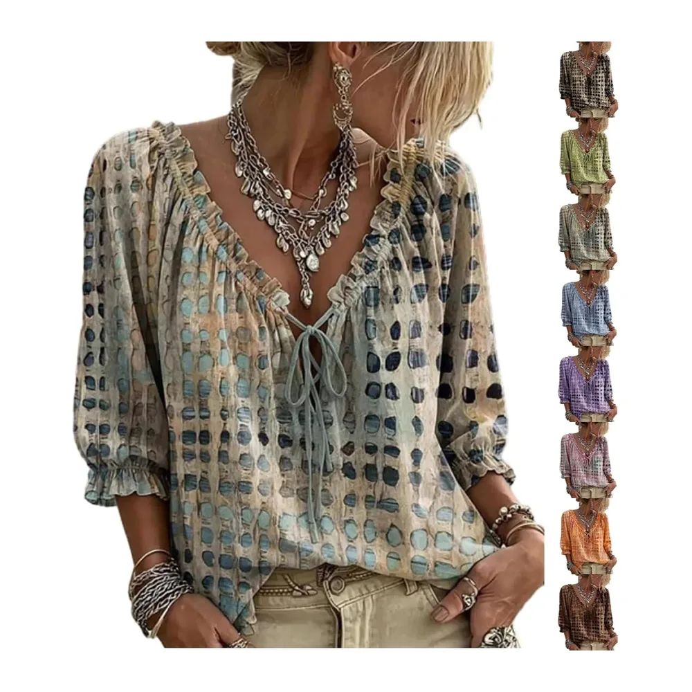 And Elegant Polka Dot Top Shirt 3/4 Sleeve V Neck Cotton Linen Blouse Bohemian — 00-beige
