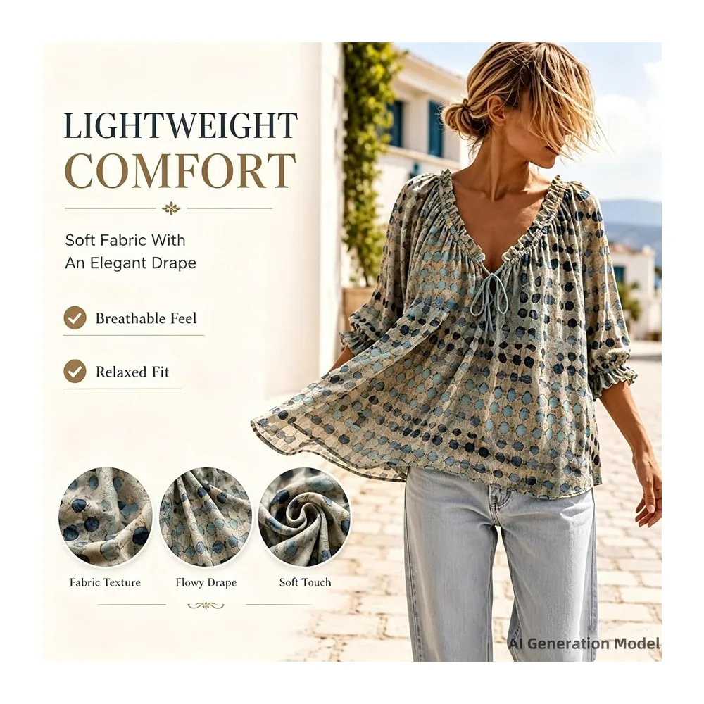 And Elegant Polka Dot Top Shirt 3/4 Sleeve V Neck Cotton Linen Blouse Bohemian — 00-beige