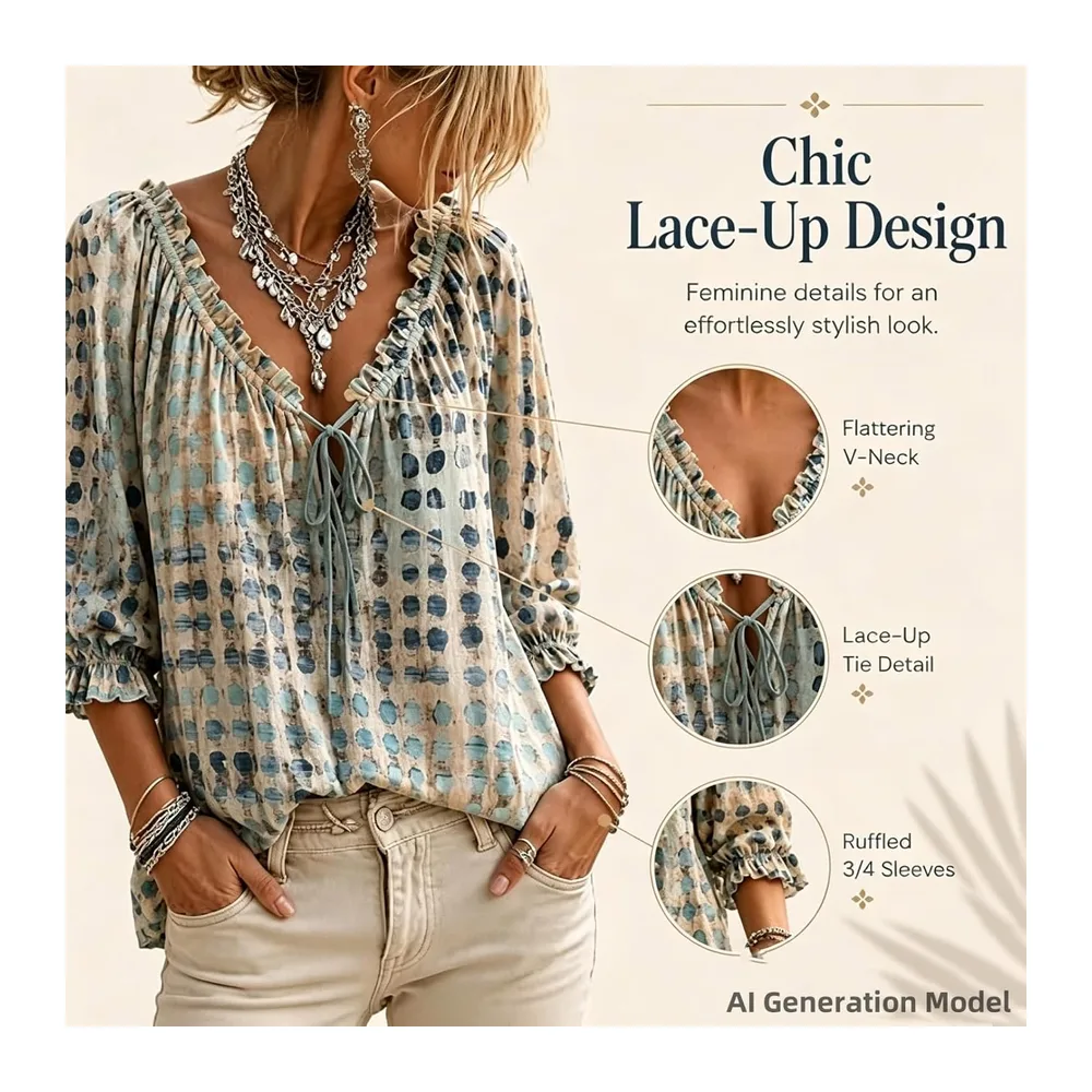 And Elegant Polka Dot Top Shirt 3/4 Sleeve V Neck Cotton Linen Blouse Bohemian — 00-beige
