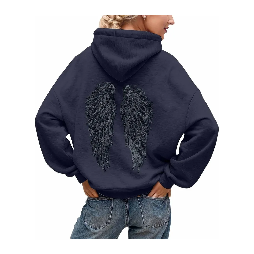 Pull Ange Sweat a Capuche avec Ailes d'ange en Strass et Poches Décontracté — F01 Marin