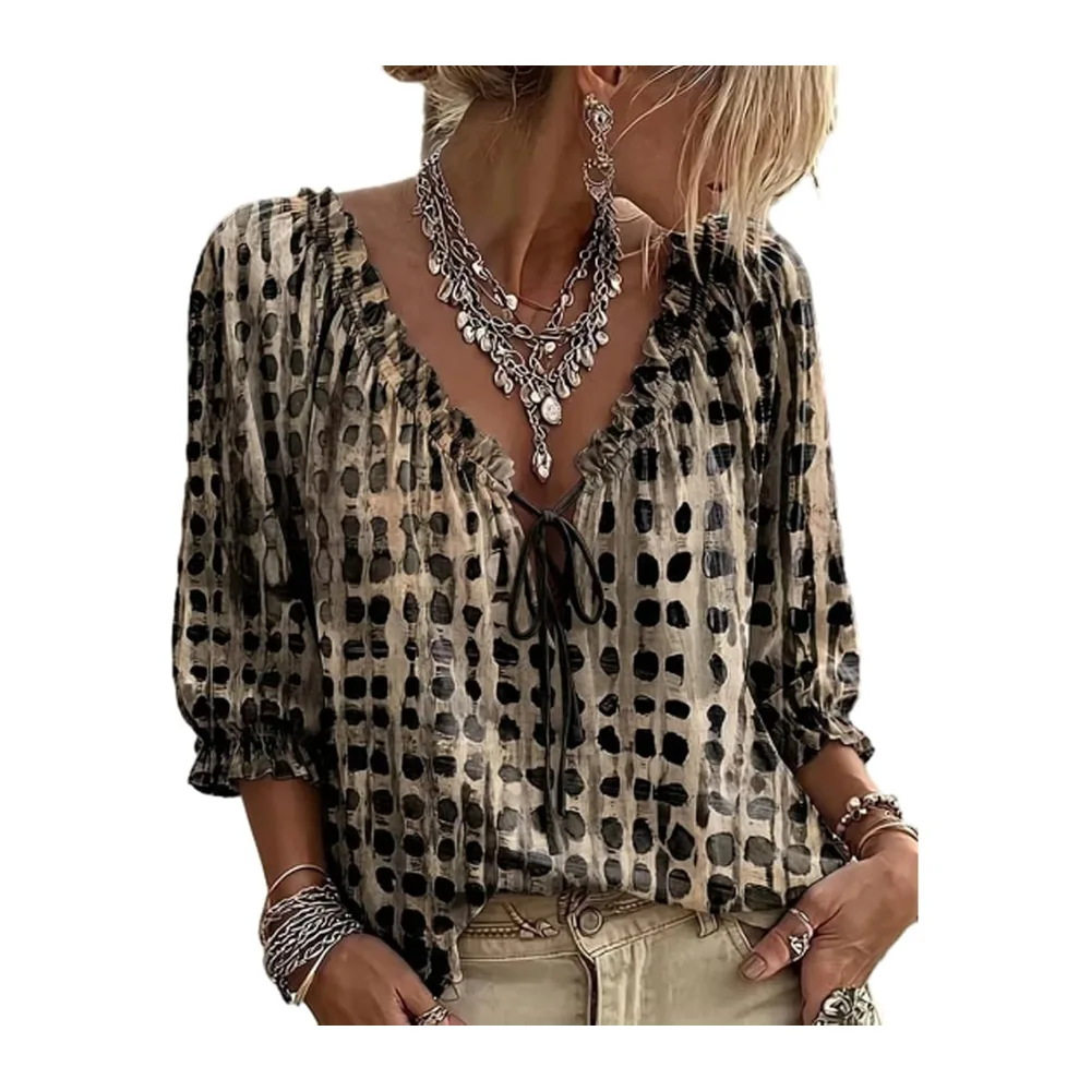 And Elegant Polka Dot Top Shirt 3/4 Sleeve V Neck Cotton Linen Blouse Bohemian — 03-kaki