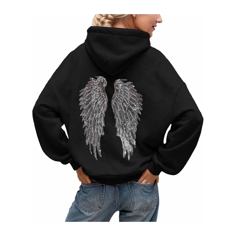 Pull Ange Sweat a Capuche avec Ailes d'ange en Strass et Poches Décontracté — F01 Noir