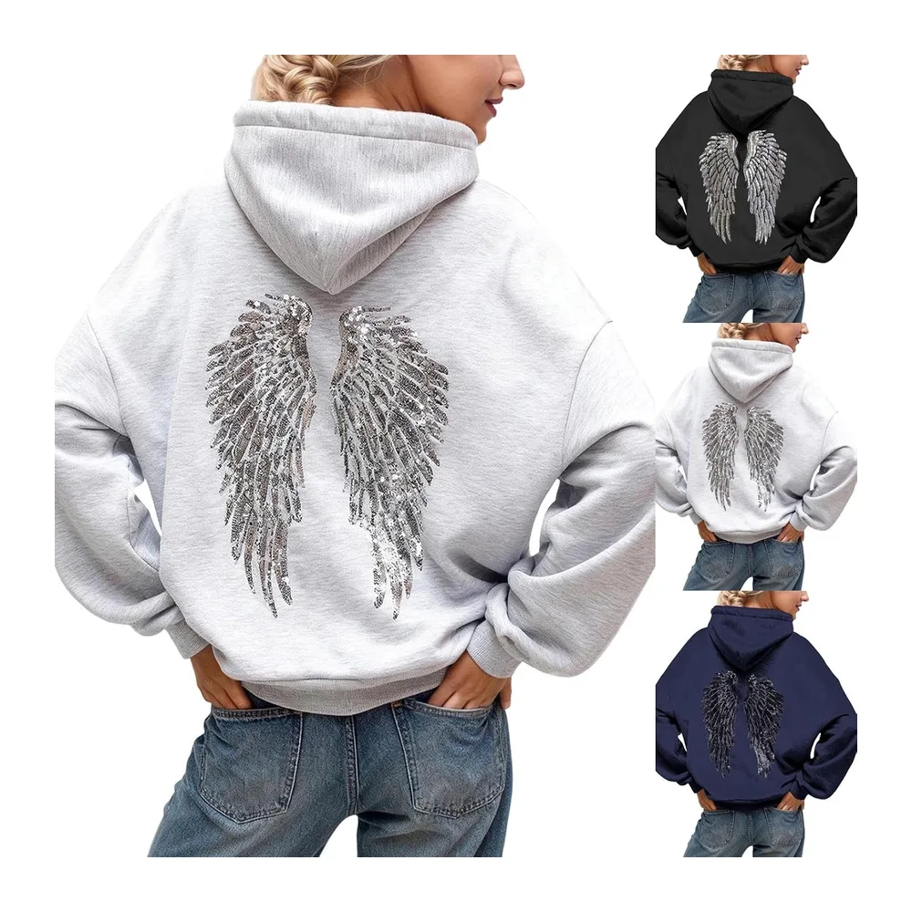 Pull Ange Sweat a Capuche avec Ailes d'ange en Strass et Poches Décontracté — F001 Gris