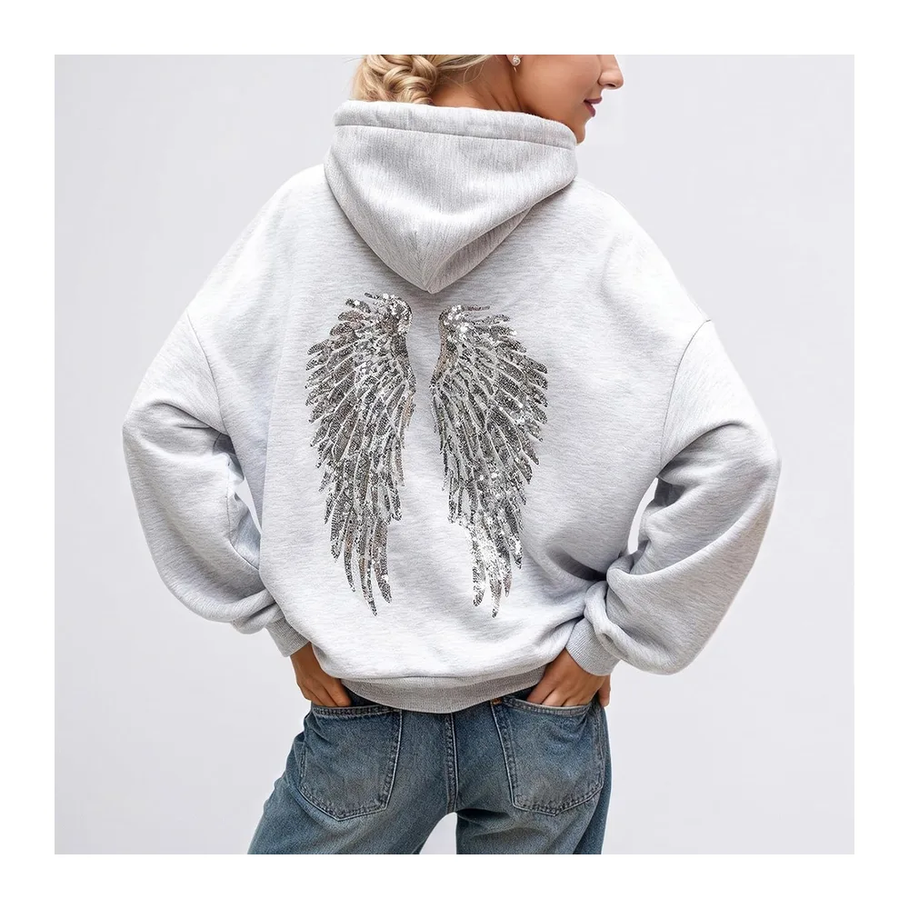 Pull Ange Sweat a Capuche avec Ailes d'ange en Strass et Poches Décontracté — F001 Gris