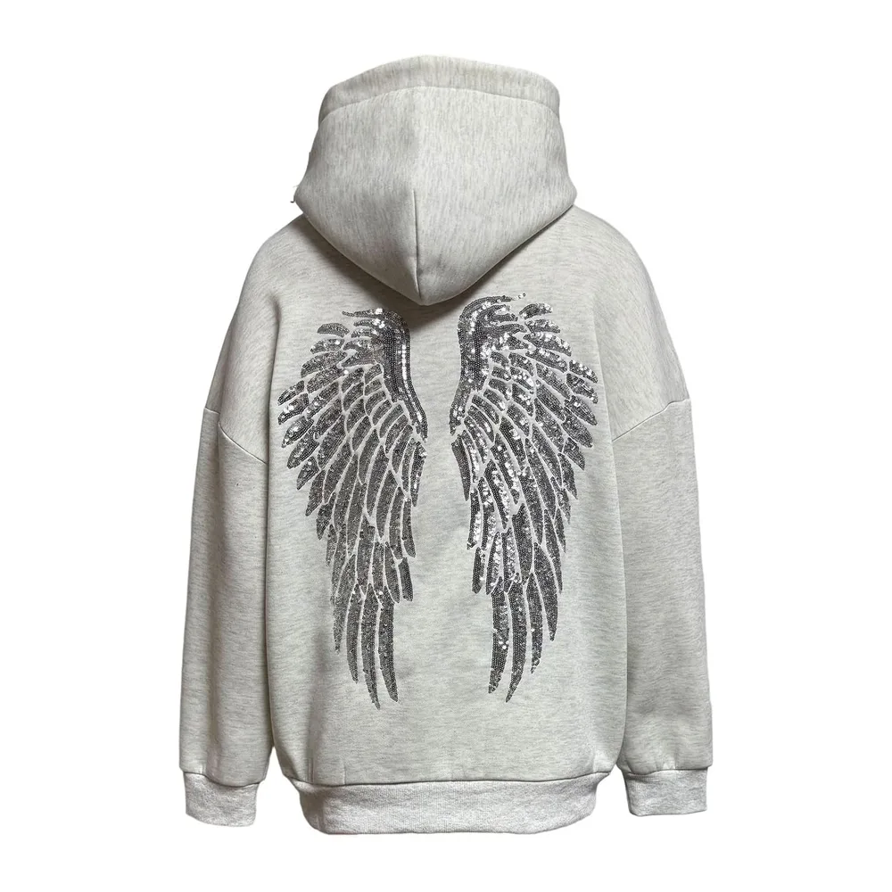 Pull Ange Sweat a Capuche avec Ailes d'ange en Strass et Poches Décontracté — F001 Gris