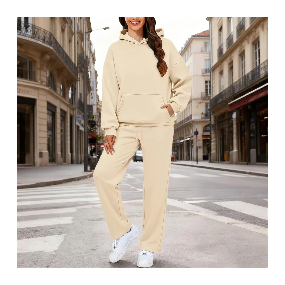 Ensemble Survêtement, Sweat Capuche Oversize et Pantalon Jambe Large — Beige