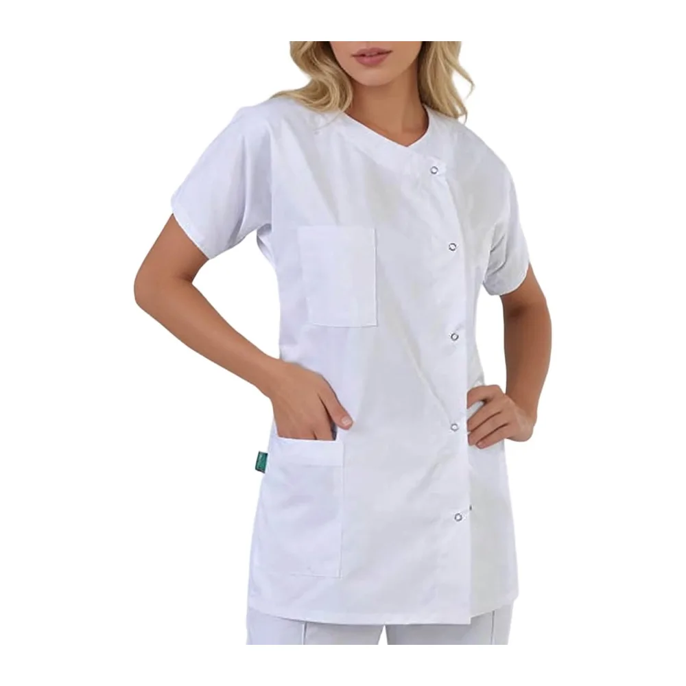Tunic Blouse Short Sleeve Round Neck White Kitchen Blouse with Casual Pocket — Blanc
