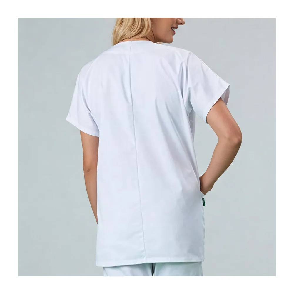 Tunic Blouse Short Sleeve Round Neck White Kitchen Blouse with Casual Pocket — Blanc