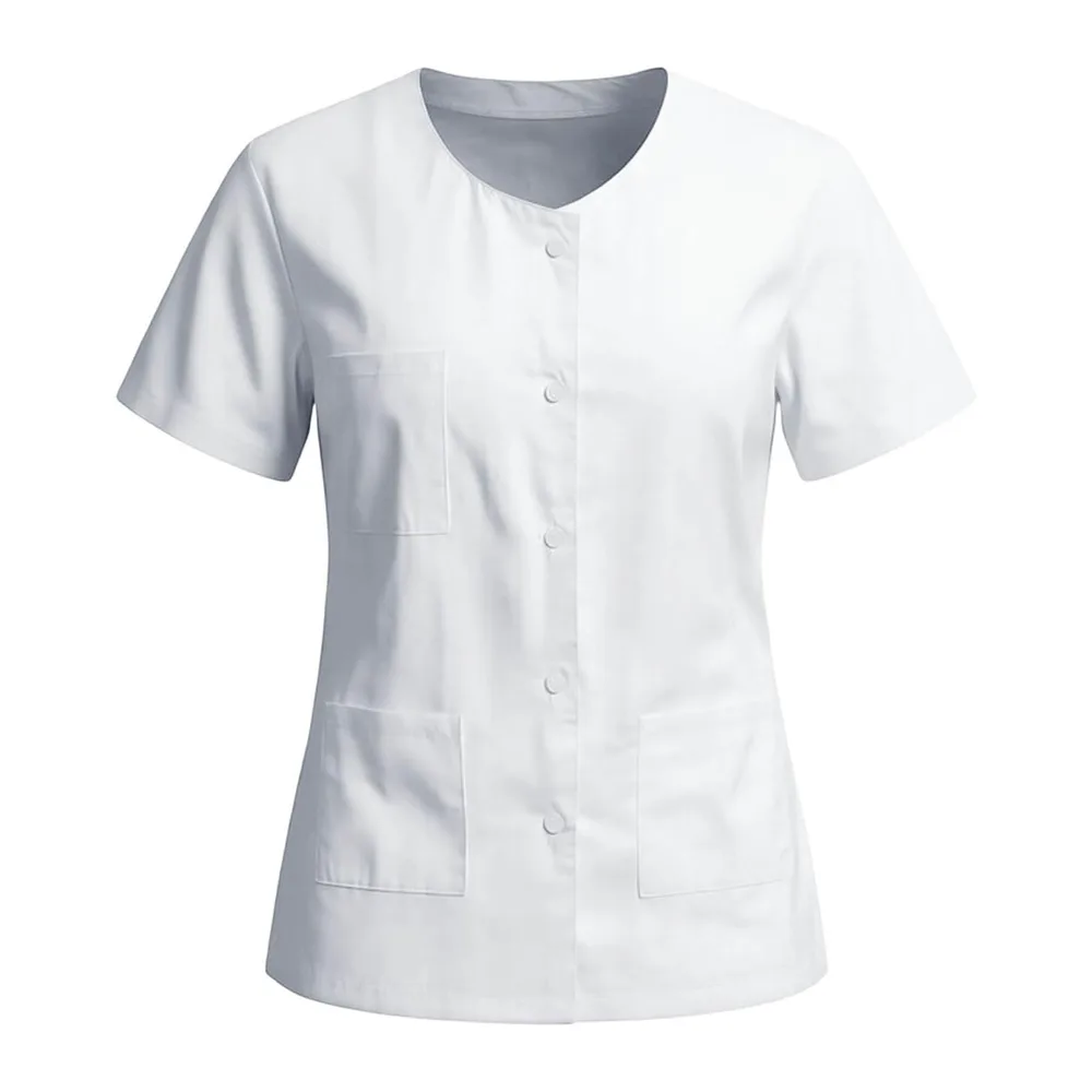 Tunic Blouse Short Sleeve Round Neck White Kitchen Blouse with Casual Pocket — Blanc