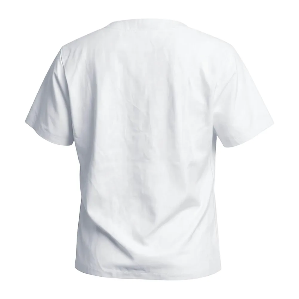 Tunic Blouse Short Sleeve Round Neck White Kitchen Blouse with Casual Pocket — Blanc