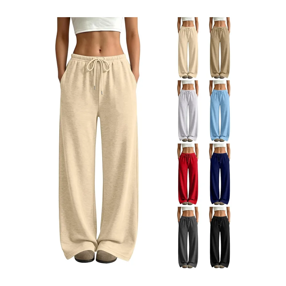 Pantalon Jogging Large Taille Élastique Coupe Fluide Sport — Beige