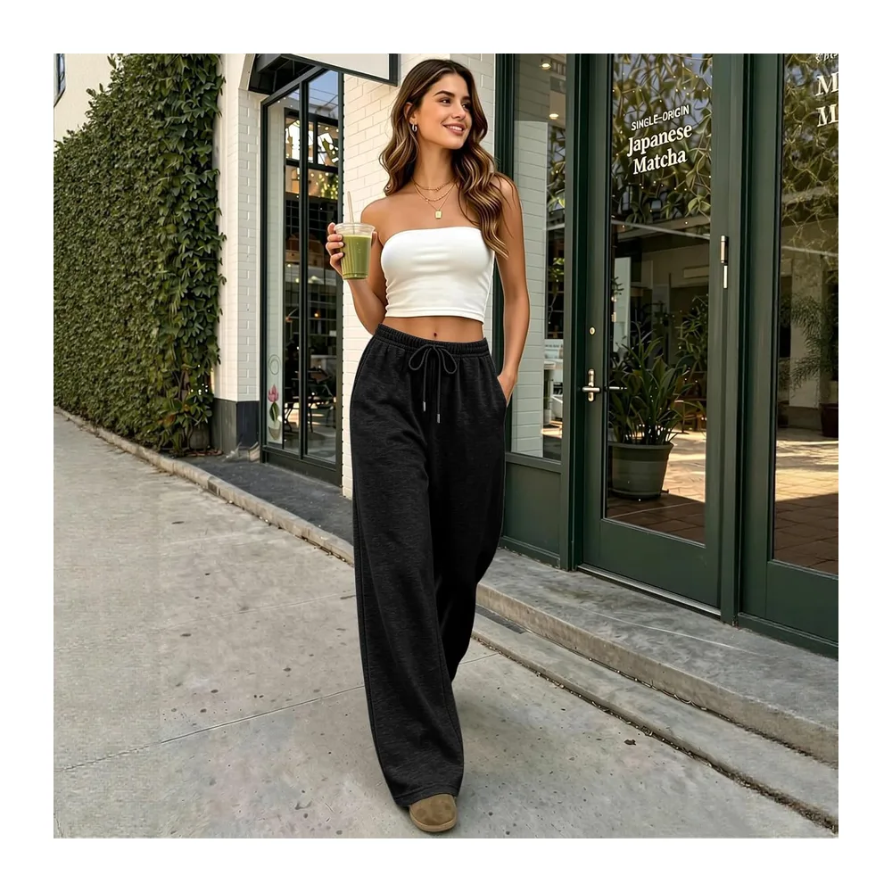 Pantalon Jogging Large Taille Élastique Coupe Fluide Sport — Noir