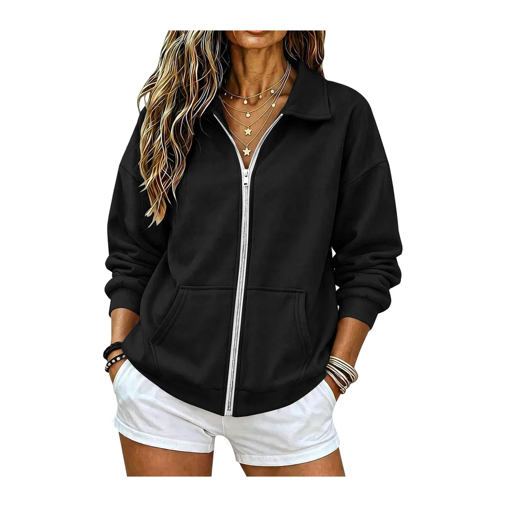 Zippé Automne Hiver Col Revers Sweatshirt à Manches Longues — Noir