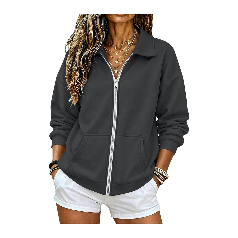 Zippé Automne Hiver Col Revers Sweatshirt à Manches Longues — Gris Foncé
