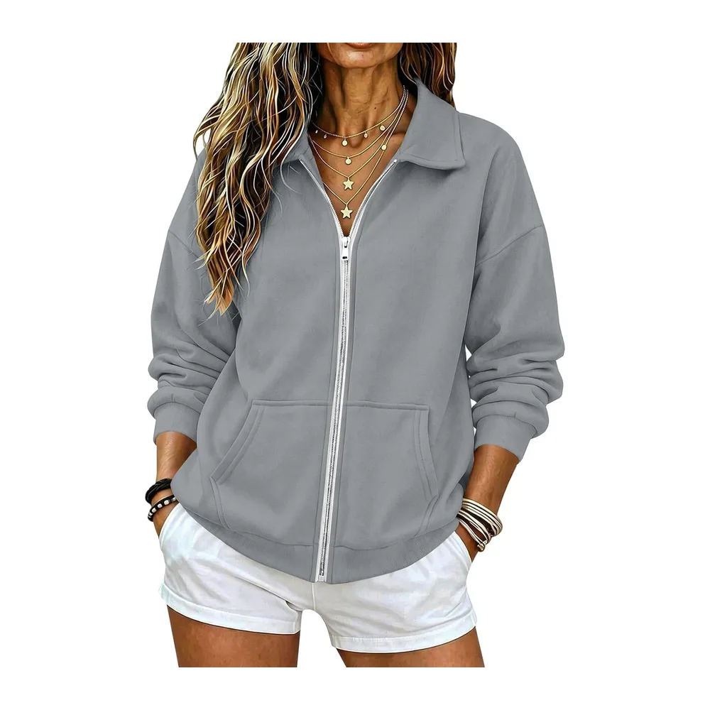 Zippé Automne Hiver Col Revers Sweatshirt à Manches Longues — Gris