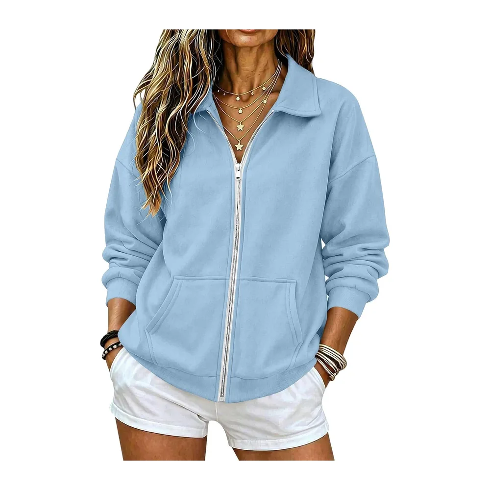 Zippé Automne Hiver Col Revers Sweatshirt à Manches Longues — Bleu Clair