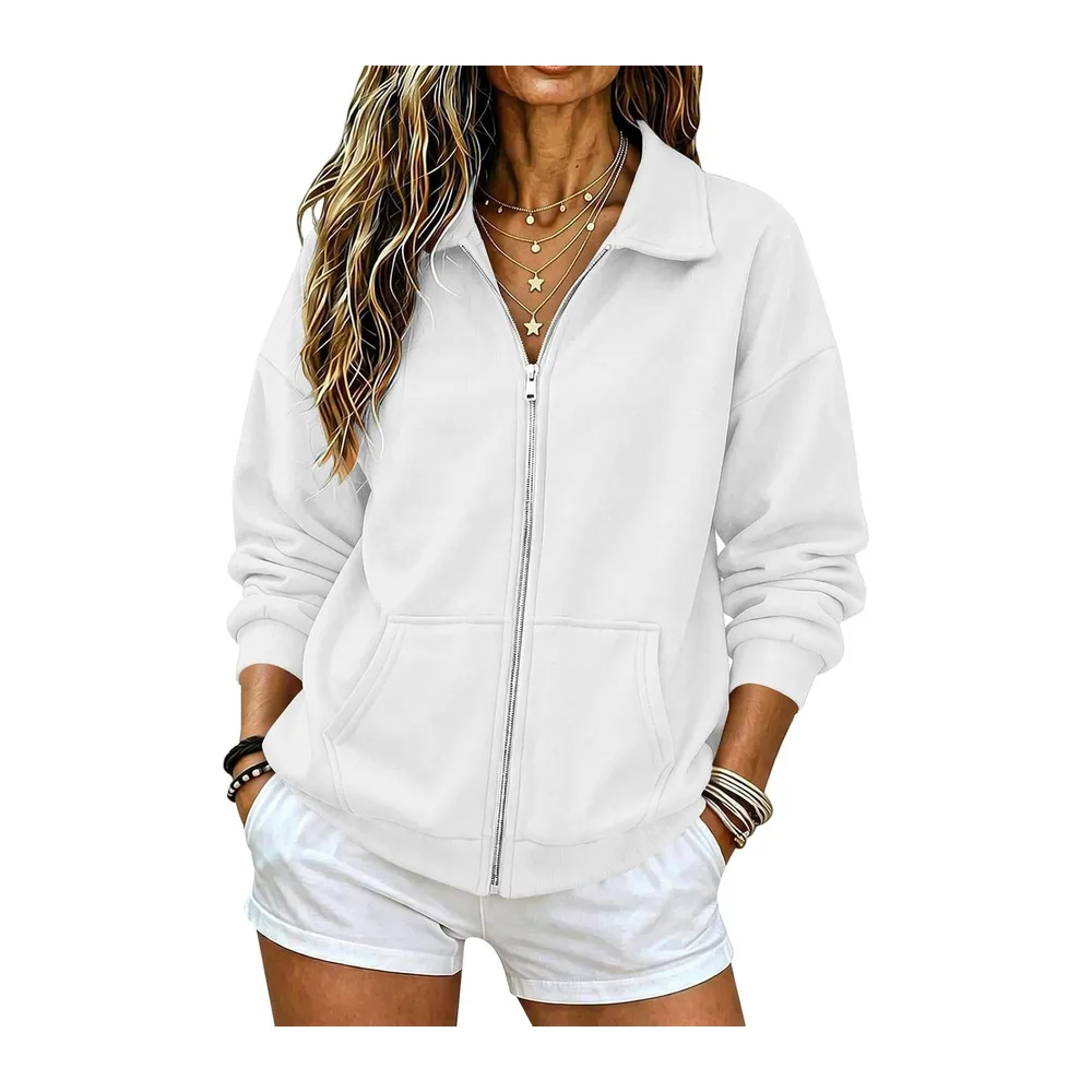 Zippé Automne Hiver Col Revers Sweatshirt à Manches Longues — Blanc