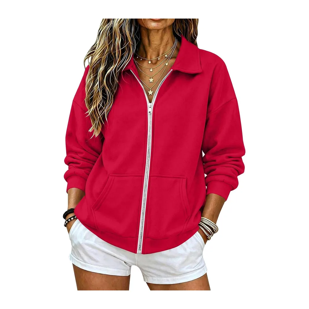 Zippé Automne Hiver Col Revers Sweatshirt à Manches Longues — Rouge