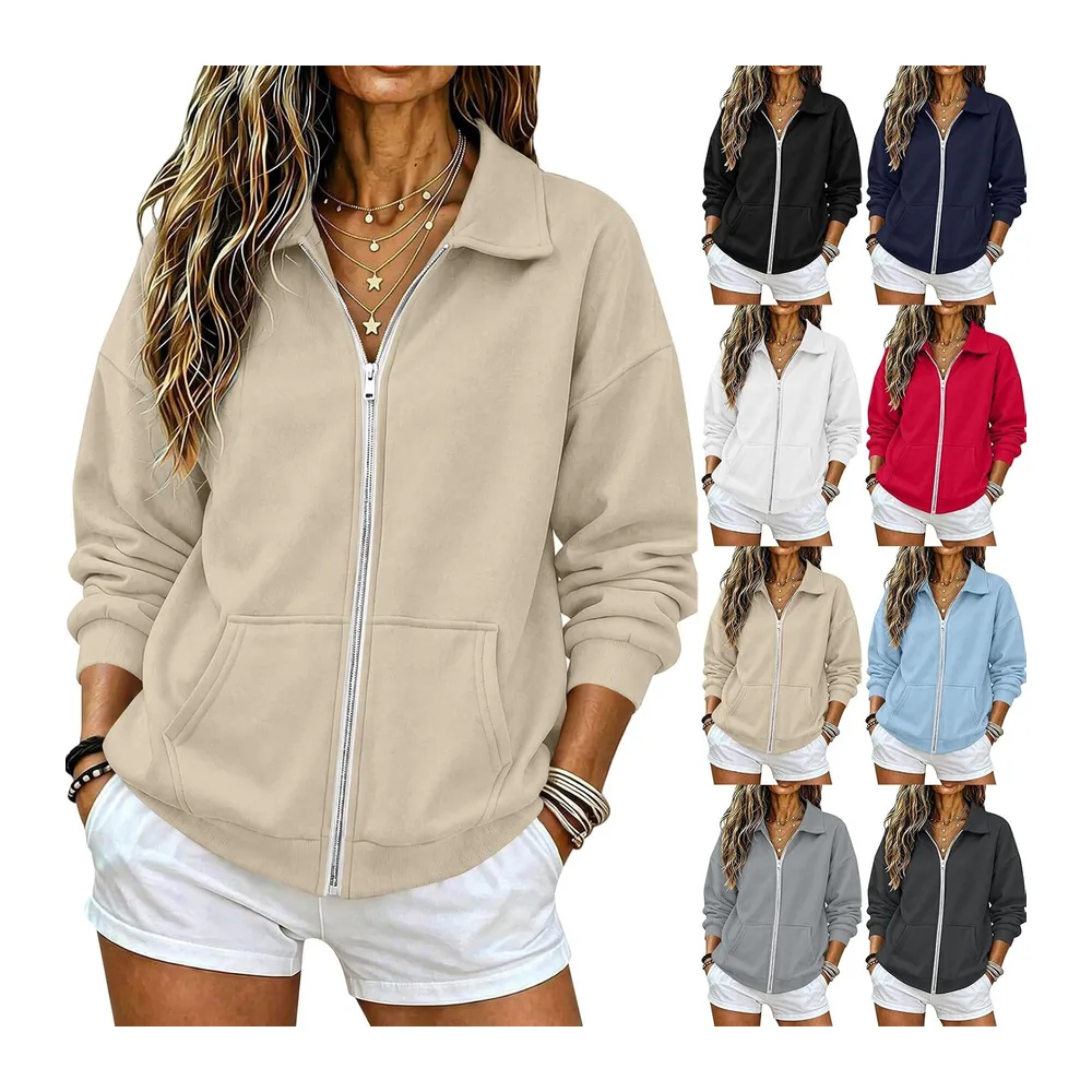 Zippé Automne Hiver Col Revers Sweatshirt à Manches Longues — Kaki