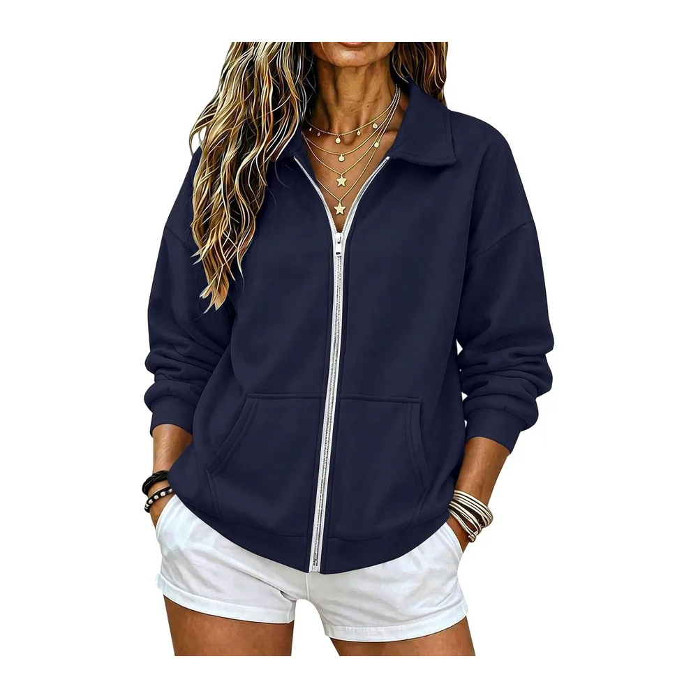 Zippé Automne Hiver Col Revers Sweatshirt à Manches Longues — Marine