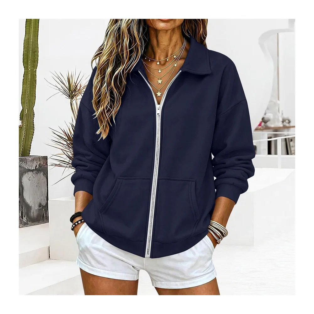 Zippé Automne Hiver Col Revers Sweatshirt à Manches Longues — Marine