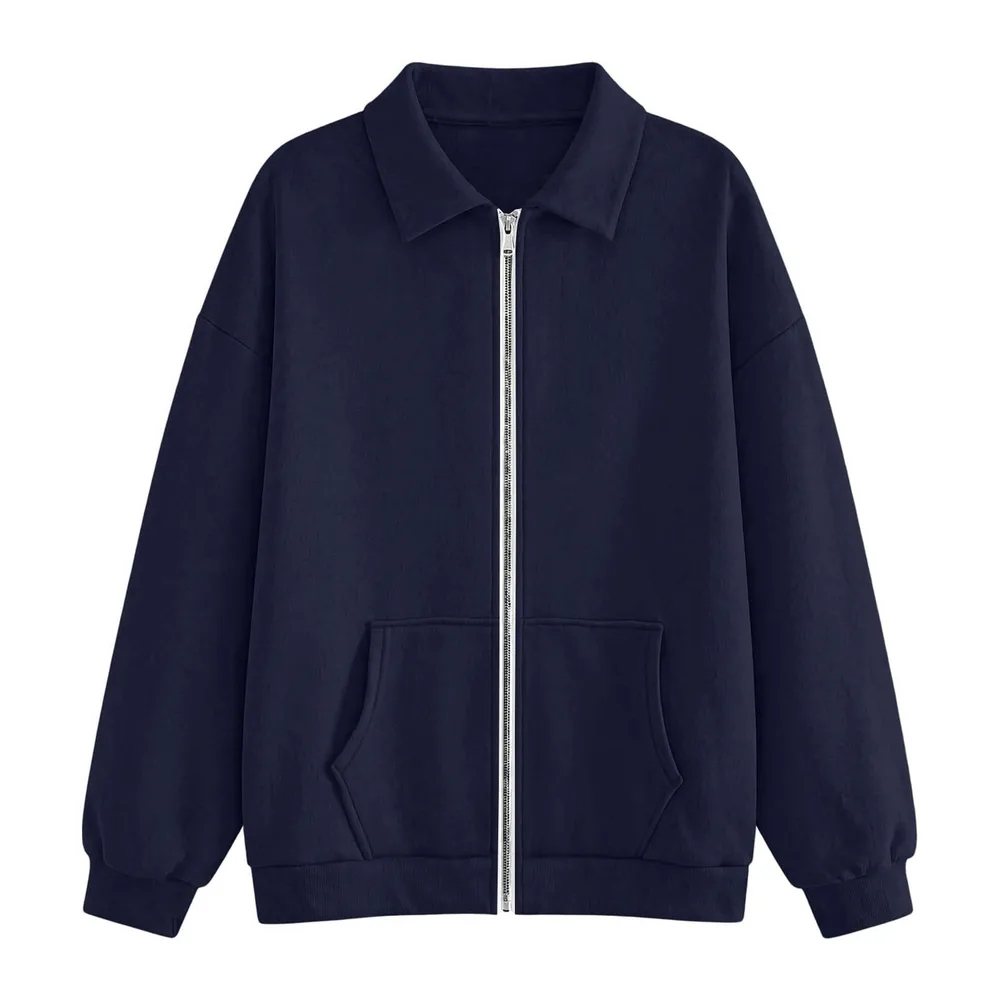 Zippé Automne Hiver Col Revers Sweatshirt à Manches Longues — Marine