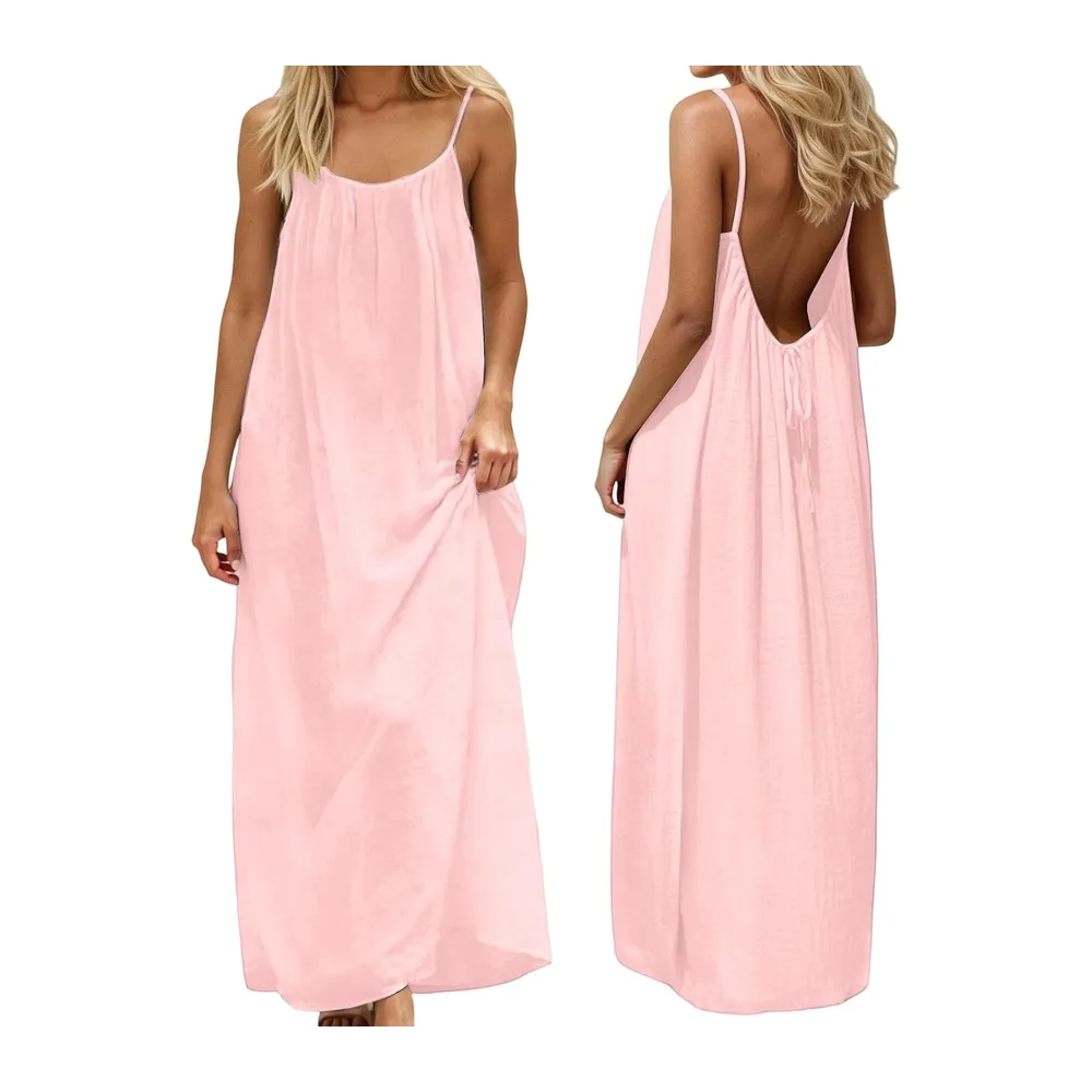 Robe Caraco Dos Nu d'été 2026 sans Manches, Longue Robe d'été décontractée — 01 Pink