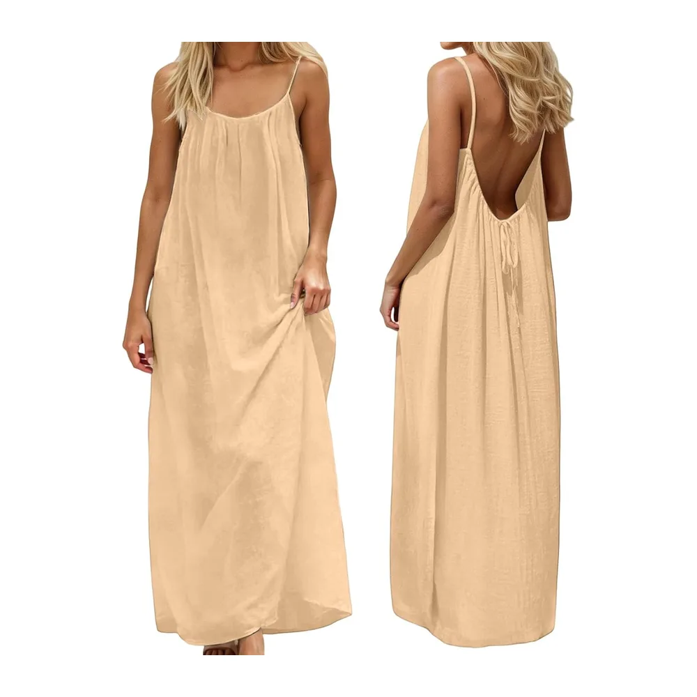 Robe Caraco Dos Nu d'été 2026 sans Manches, Longue Robe d'été décontractée — 01 Khaki
