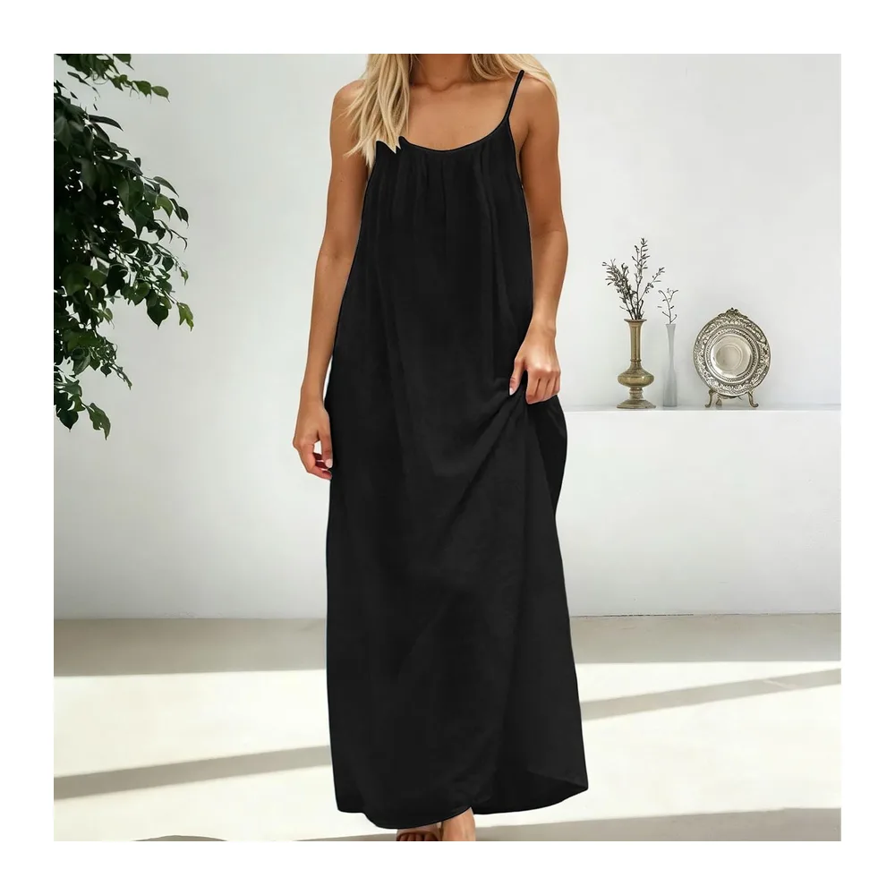 Robe Caraco Dos Nu d'été 2026 sans Manches, Longue Robe d'été décontractée — 01 Black