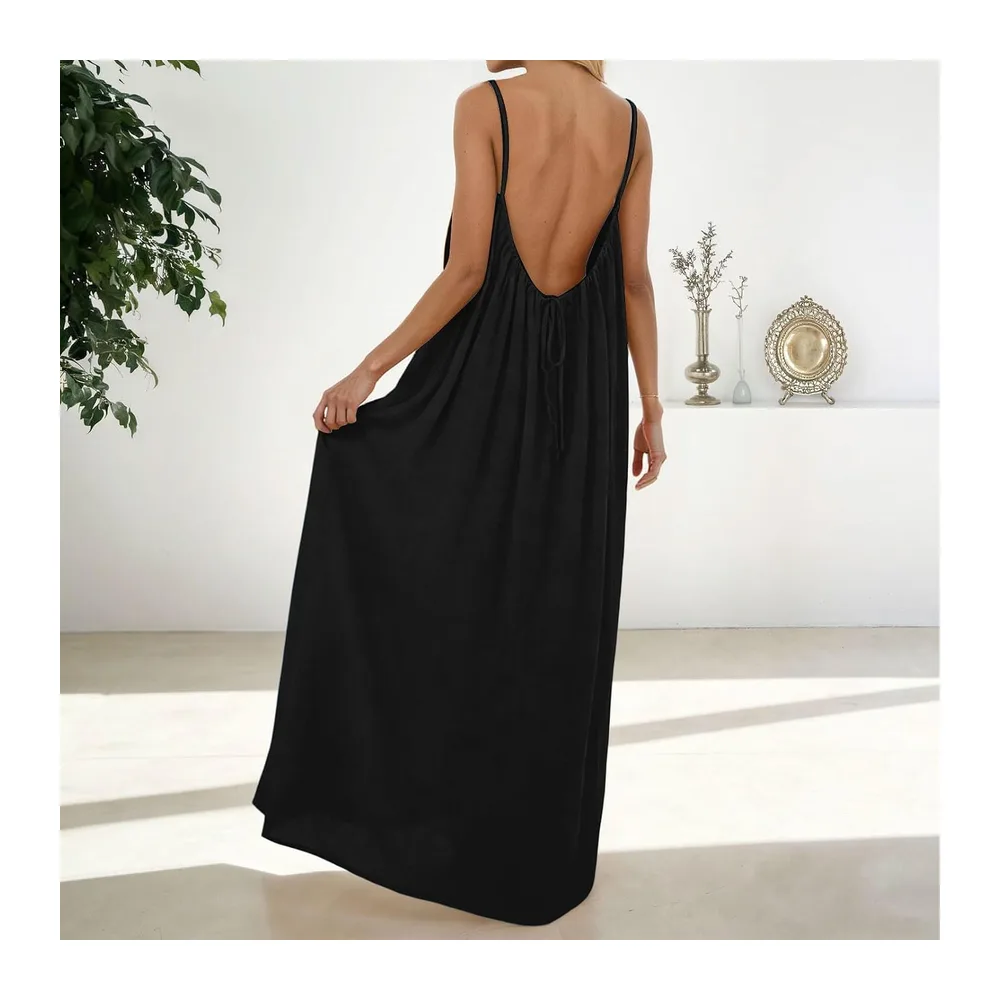 Robe Caraco Dos Nu d'été 2026 sans Manches, Longue Robe d'été décontractée — 01 Black