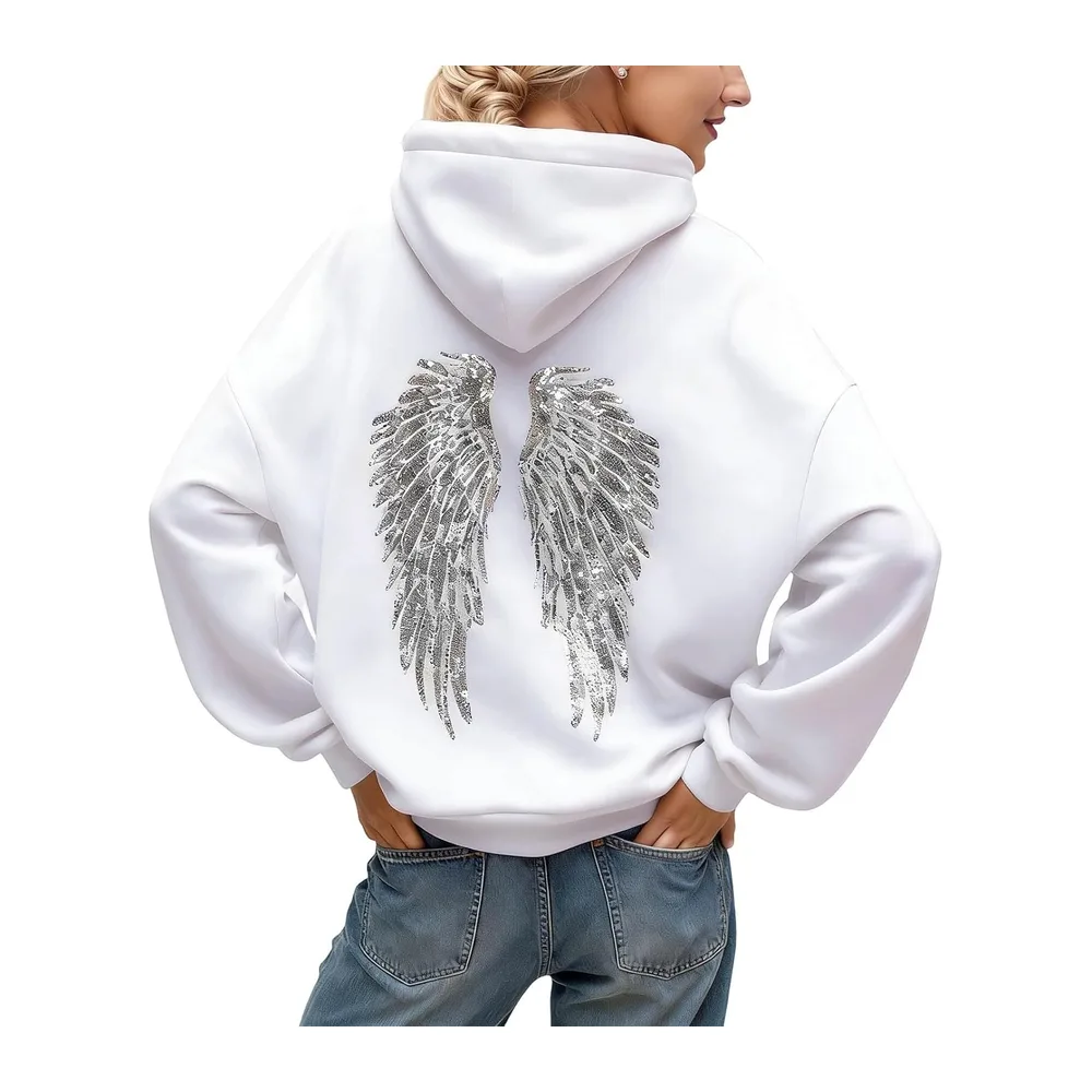 Pull Ange Sweat a Capuche avec Ailes d'ange en Strass et Poches Décontracté — F02 Blanc