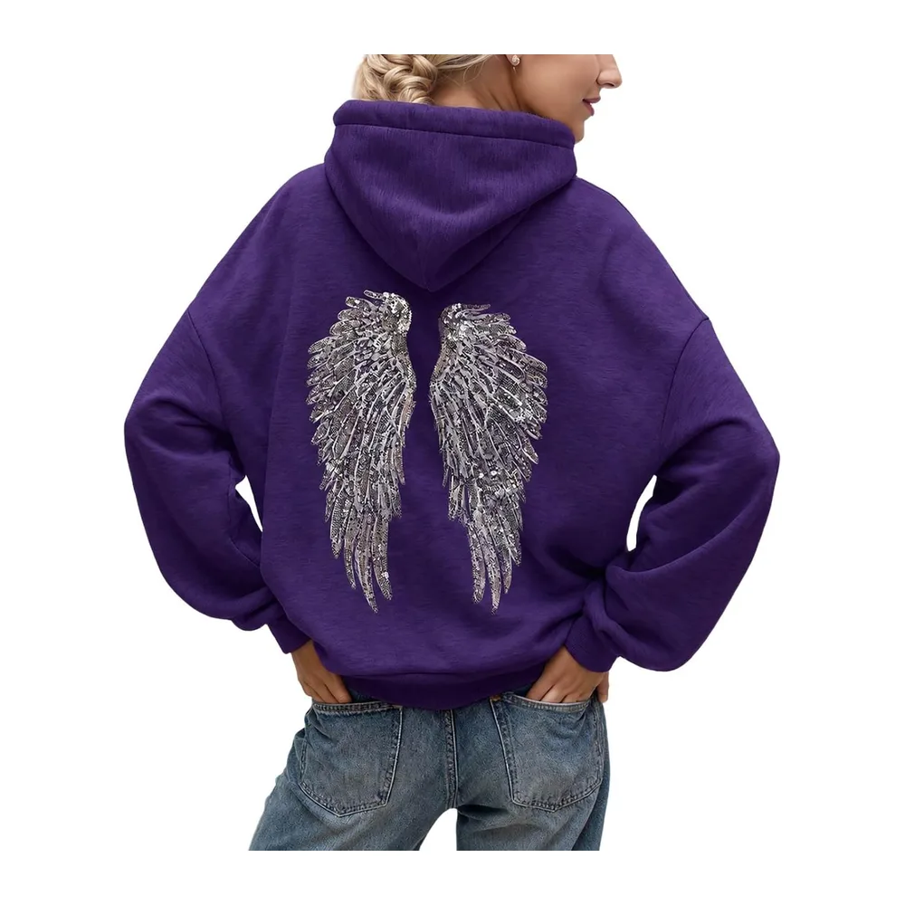 Pull Ange Sweat a Capuche avec Ailes d'ange en Strass et Poches Décontracté — F02 Violet