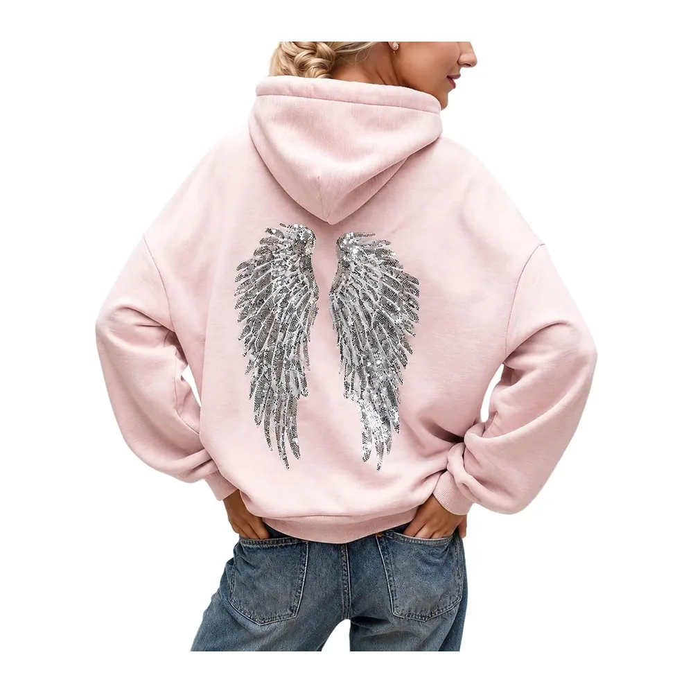 Pull Ange Sweat a Capuche avec Ailes d'ange en Strass et Poches Décontracté — F02 Rose