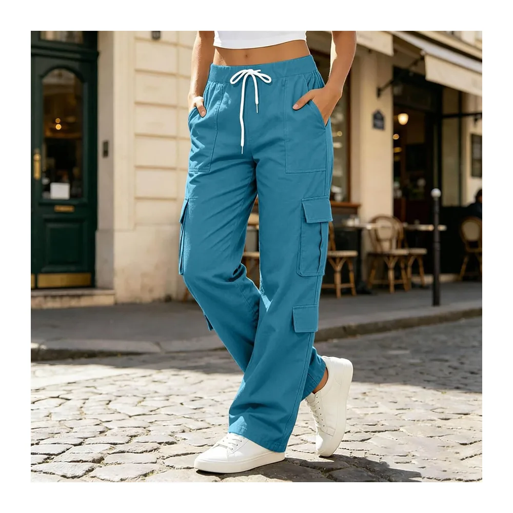 Pantalon Cargo Taille Haute Ample Large Jambe Droite avec Multi Poches Couleur Unie — Bleu