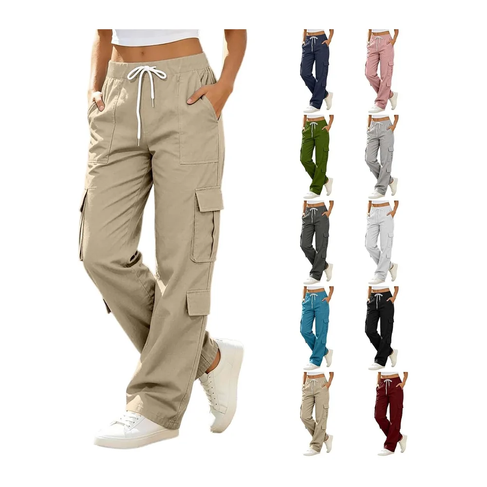 Pantalon Cargo Taille Haute Ample Large Jambe Droite avec Multi Poches Couleur Unie — Kaki