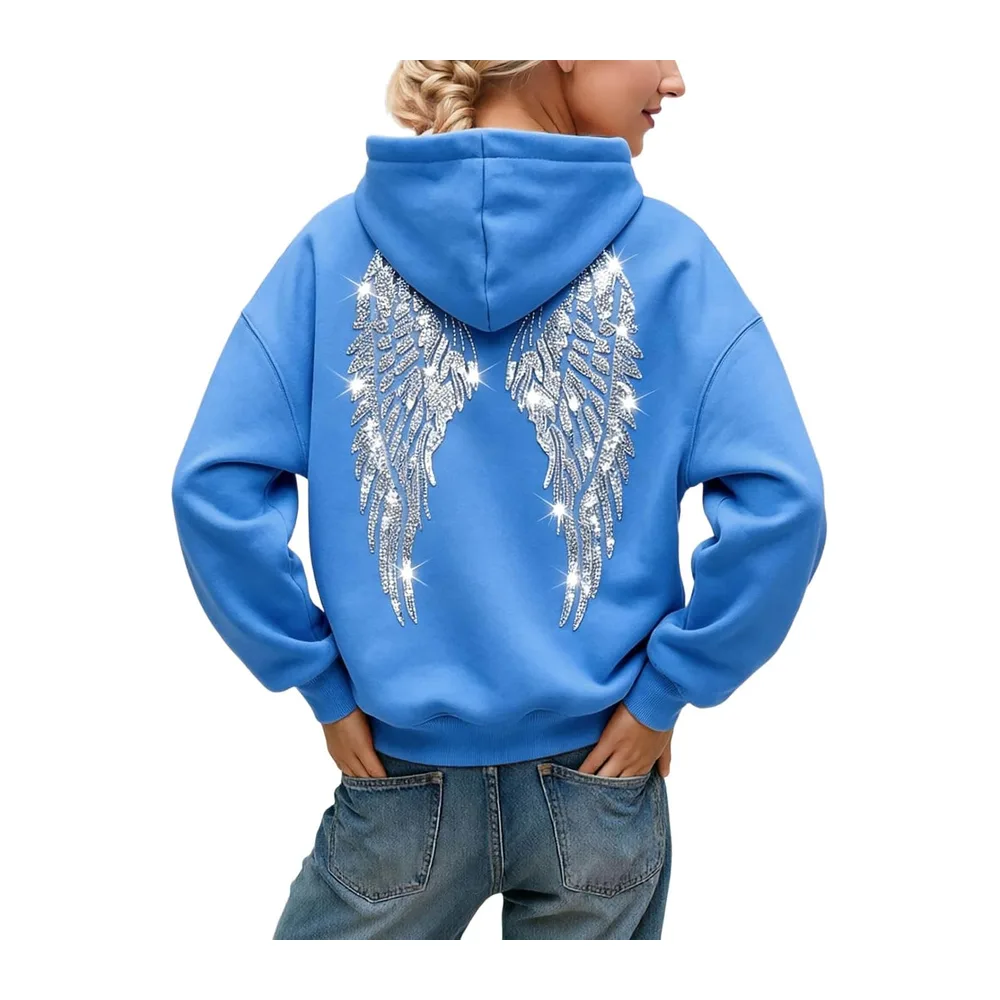 Pull Ange Sweat a Capuche avec Ailes d'ange en Strass et Poches Décontracté — F03 Bleu